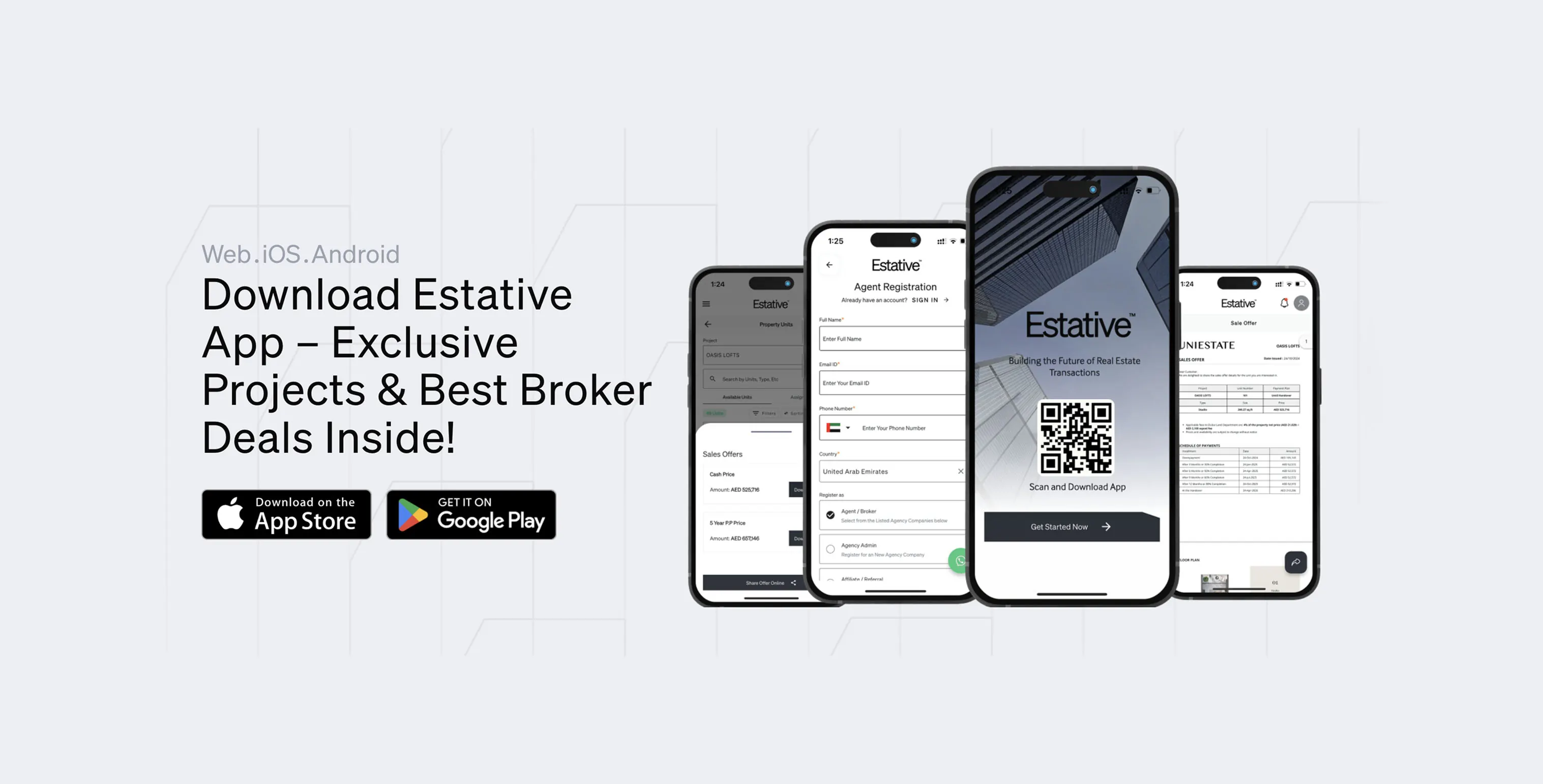 Estative mobile app screens: agent registration, property units and sales offers