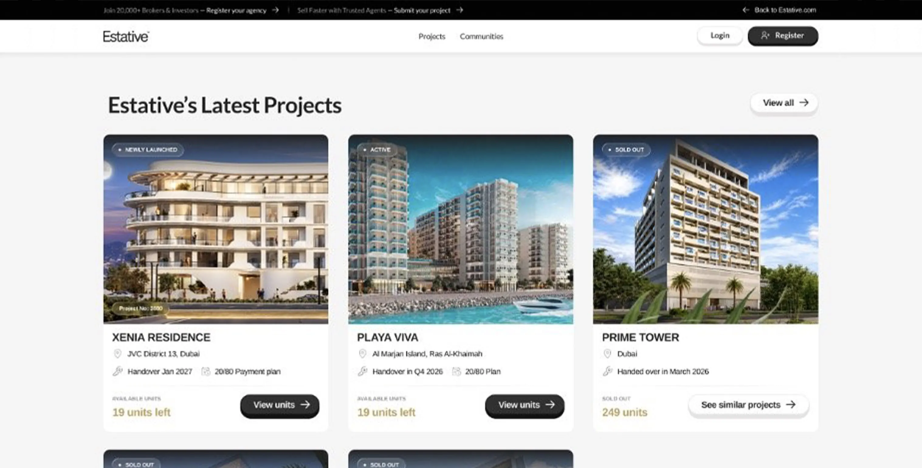 Estative portal showing latest real-estate projects