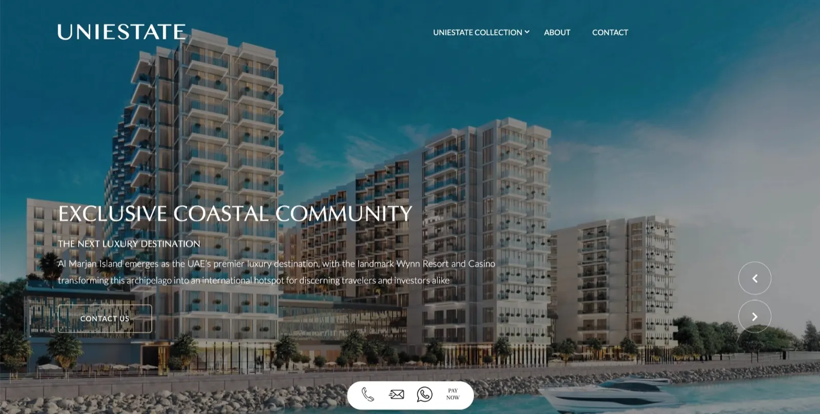 Uniestate website hero: Exclusive Coastal Community at Al Marjan Island